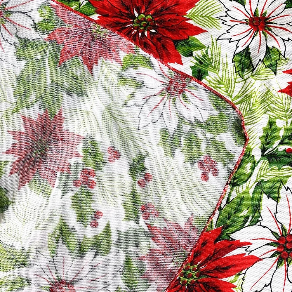Vintage Christmas Tablecloth Cotton Blend Cloth Festive Red & White Poinsettias
